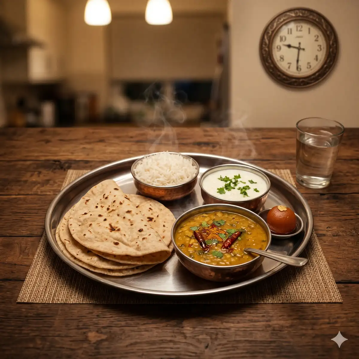 Late-night Indian dinner thali with rotis, dal, rice, curd and mithai with wall clock showing 9:30 PM