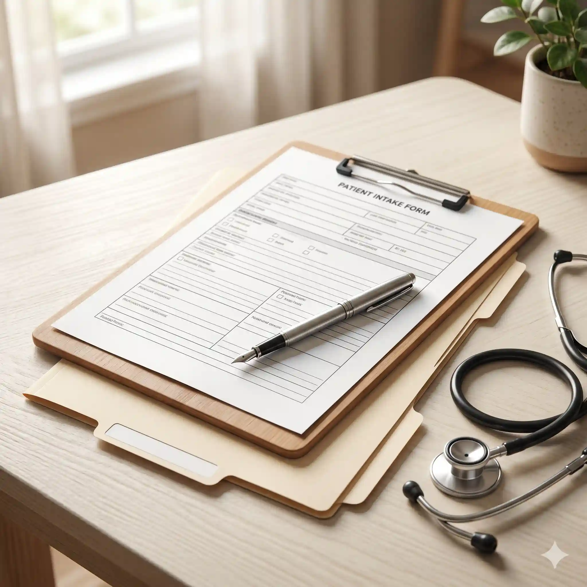 Clipboard, blank intake form, manila folder, fountain pen and a stethoscope on a soft wooden desk in morning light.