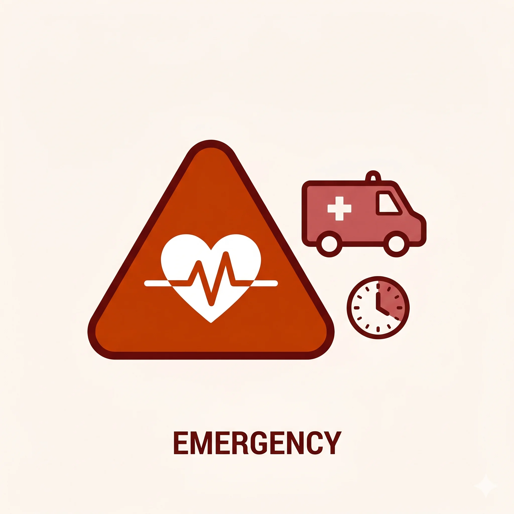 Amber-red warning triangle with a heart and ECG line beside an ambulance icon labelled Emergency.