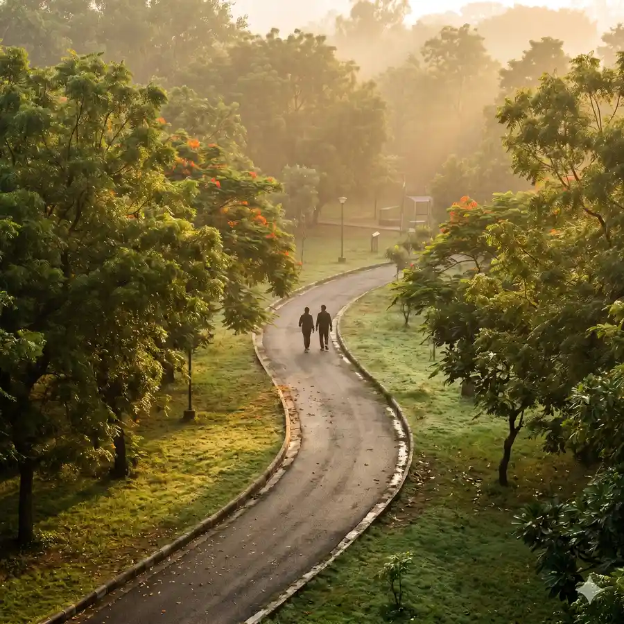 Two distant silhouette walkers on a curving paved trail through an Indian city park at sunrise.