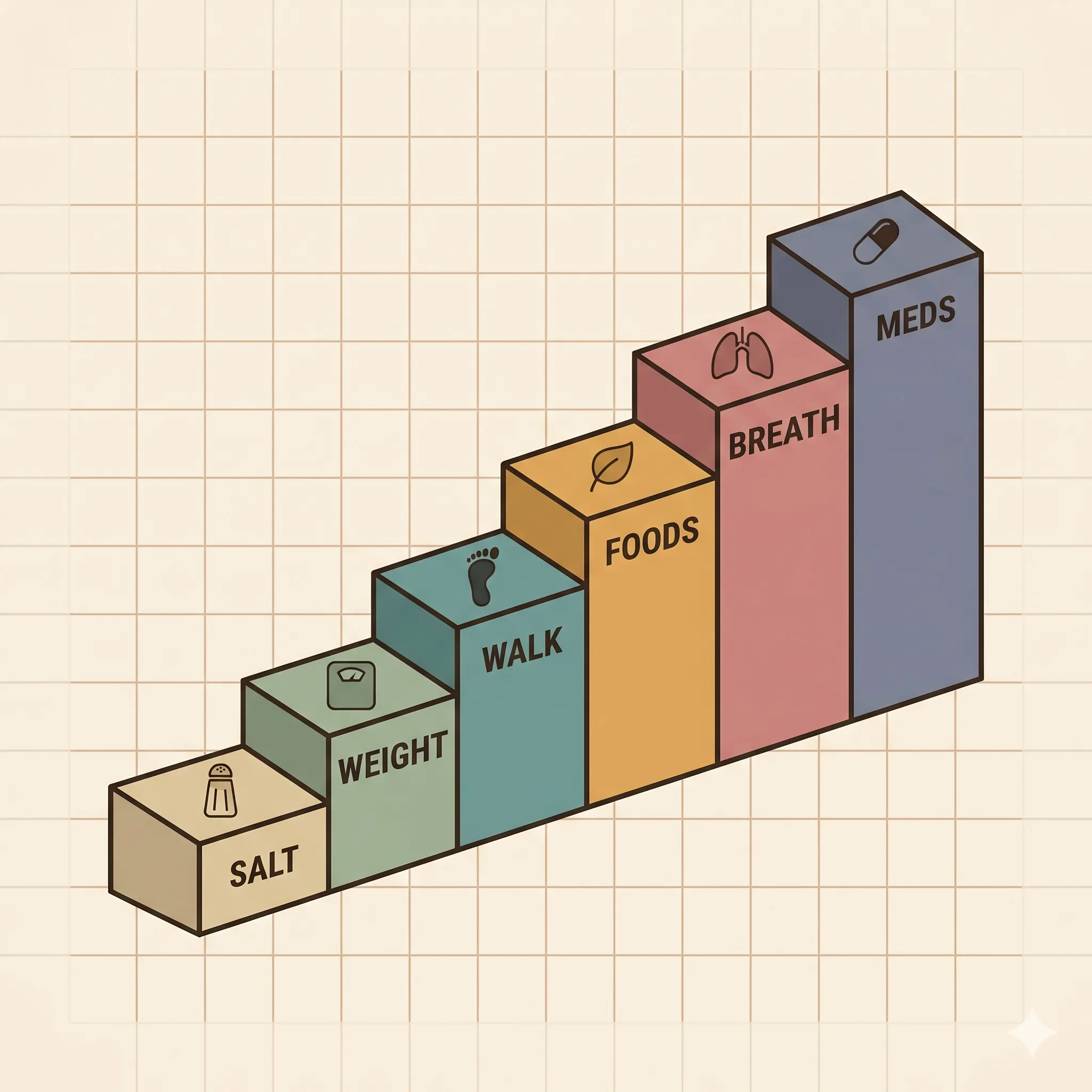 Six-step ascending staircase infographic labelled Salt, Weight, Walk, Foods, Breath, Meds with matching icons.