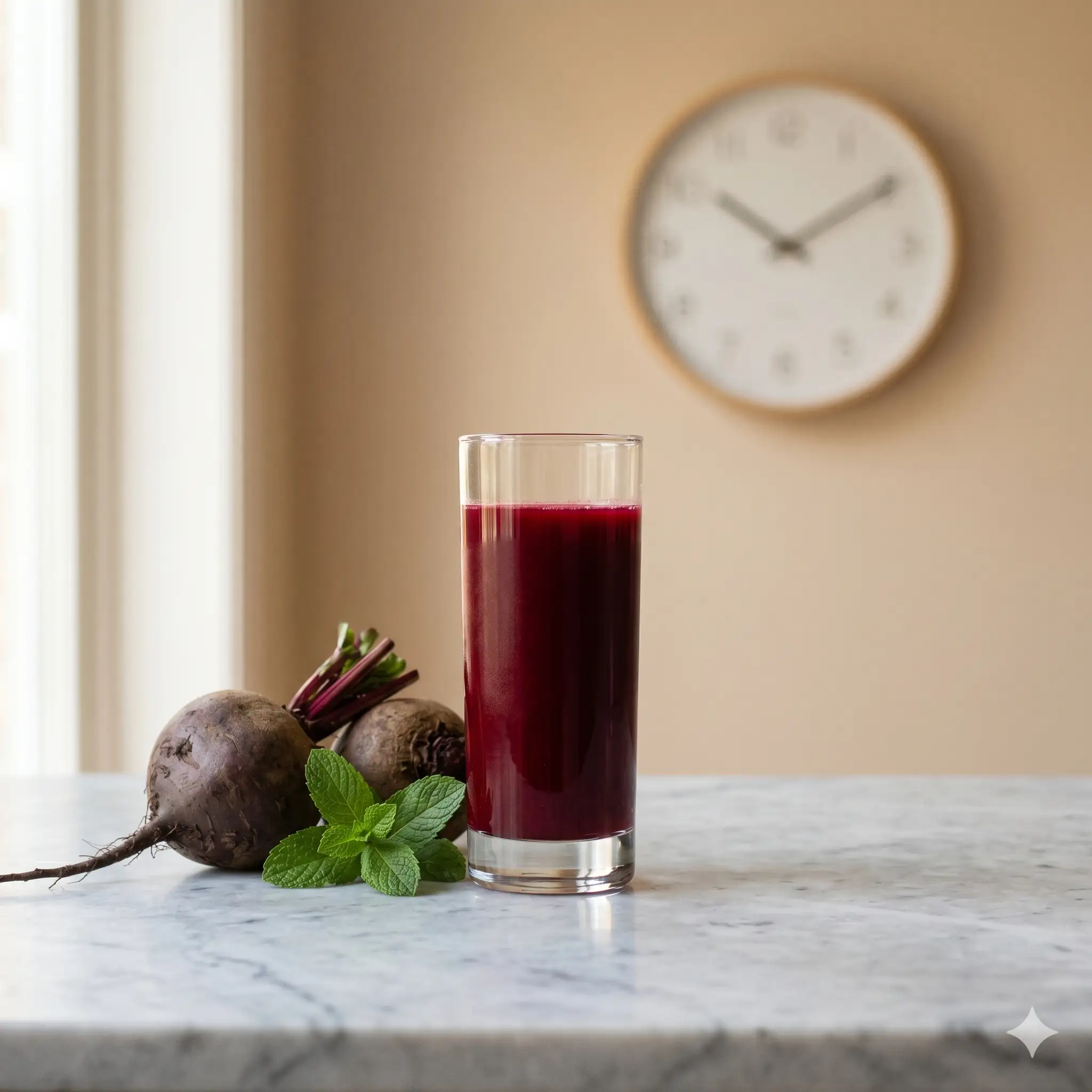 Tall glass of deep red beetroot juice on a marble counter with two beetroots, mint and a soft-focus wall clock.