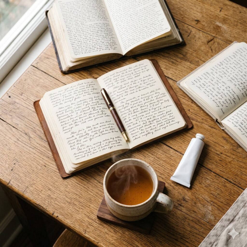 Journals and tea representing real patient experiences and reviews of monobenzone treatment for vitiligo.