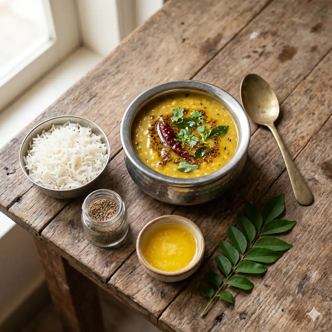Steel katori of dal with tadka, rice, brass spoon, ghee bowl and curry leaves on weathered wood