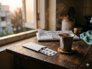 Generic pill blister strip beside a steel tumbler of morning chai on an Indian kitchen counter, depicting daily Pan-40 routine.