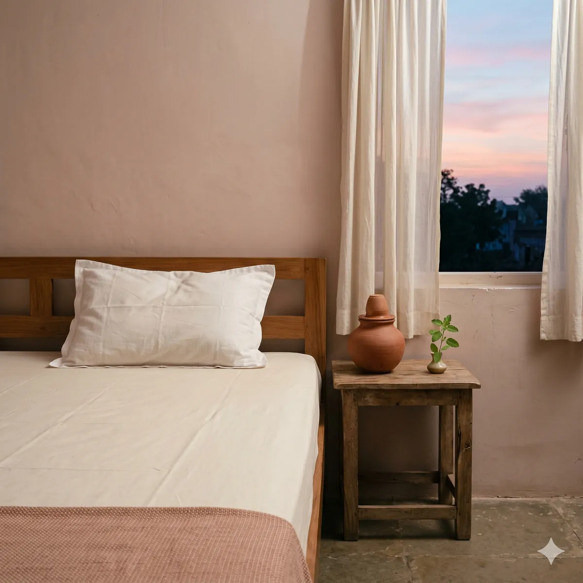 Calm Indian bedroom at dawn with smooth white sheets, terracotta water pot and tulsi sprig