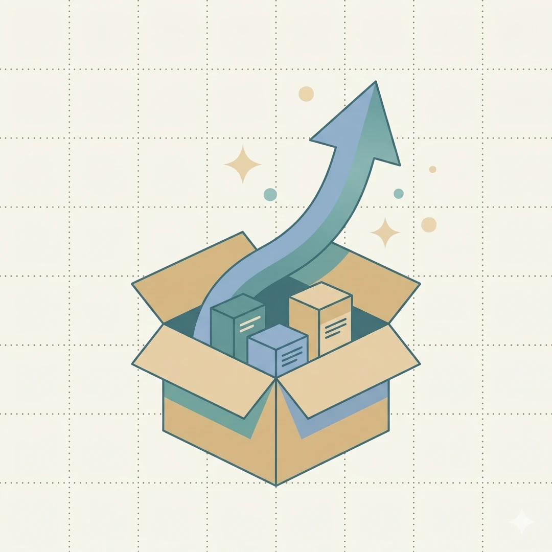 Growth arrow rising from a carton of medicine boxes — pharma brand launch concept.