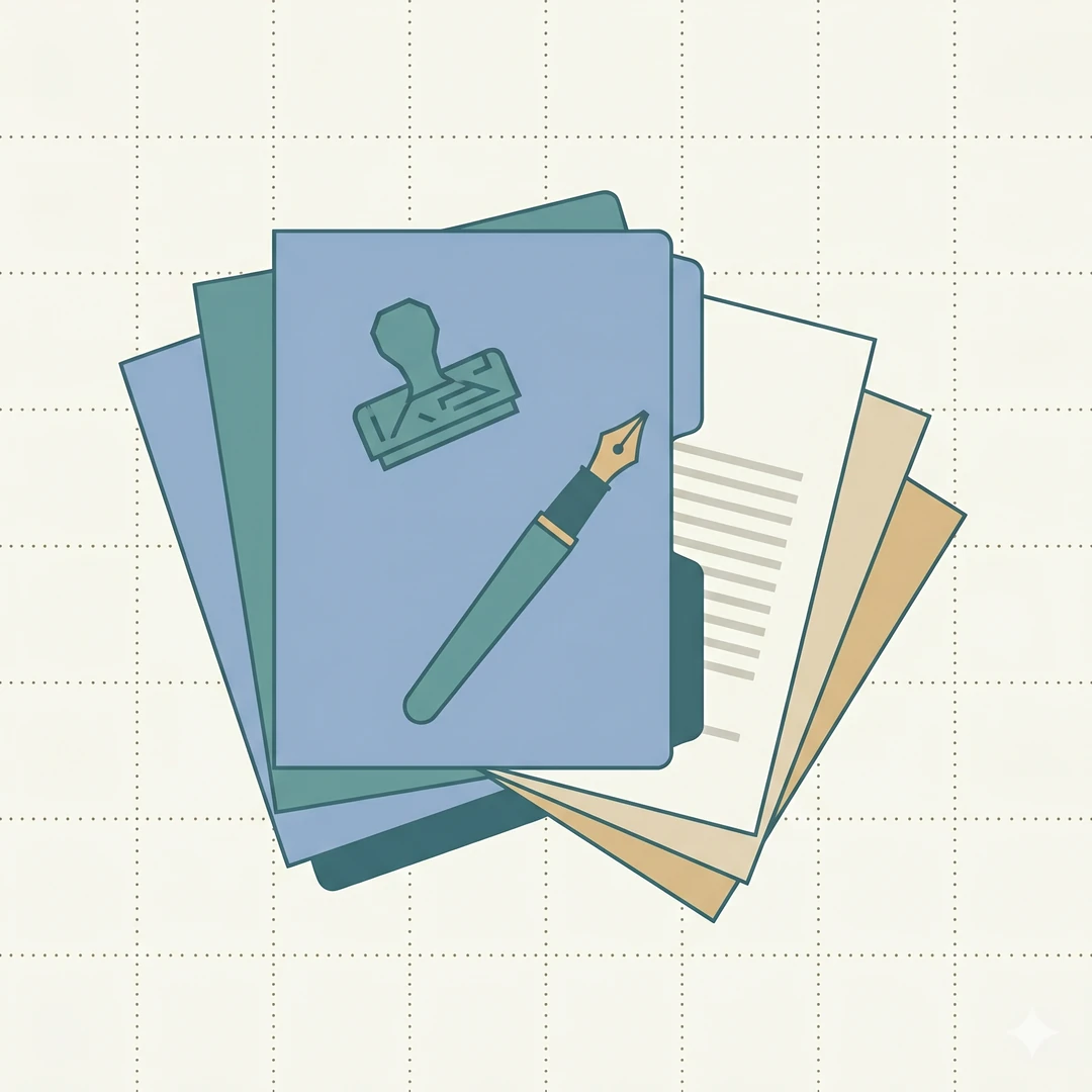 Stack of generic documents with fountain pen and rubber stamp — pharma licence paperwork.