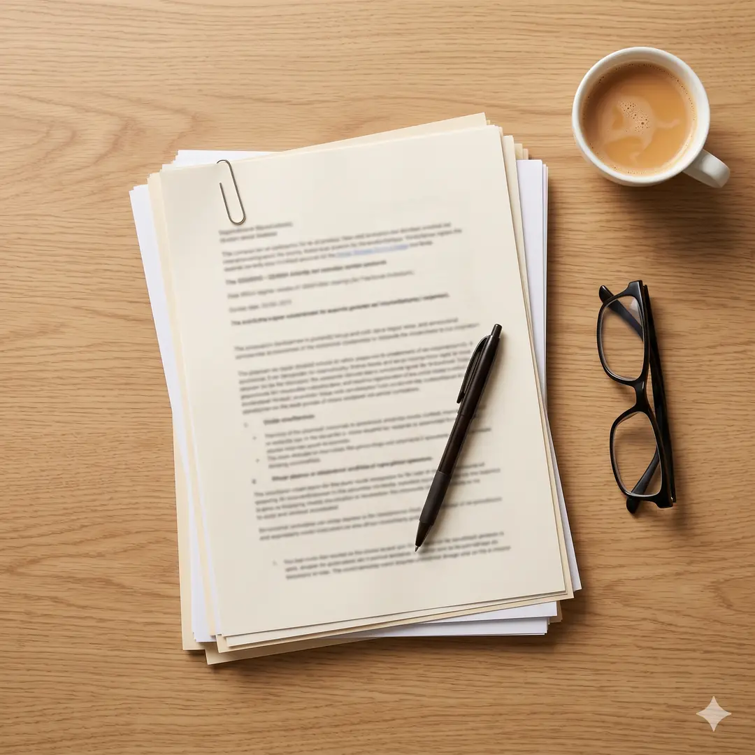 Stack of pharmaceutical manufacturer due diligence documents with pen and reading glasses