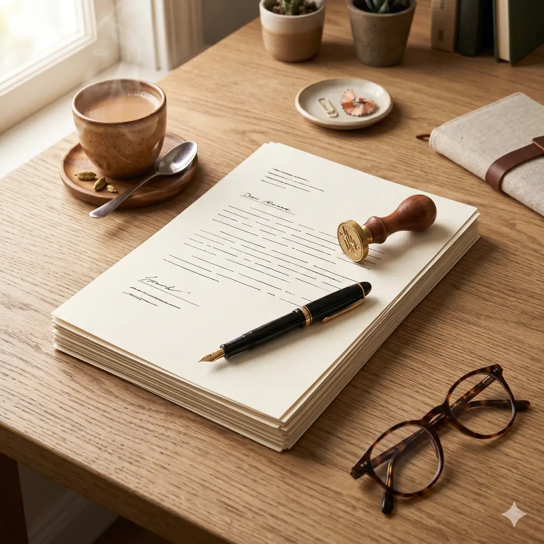Flat-lay of stacked due-diligence documents with fountain pen, wax stamp and chai cup for verifying a pharma manufacturing licence