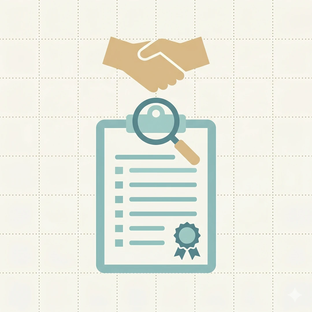 Handshake above a checklist and magnifying glass — manufacturer due diligence visual.