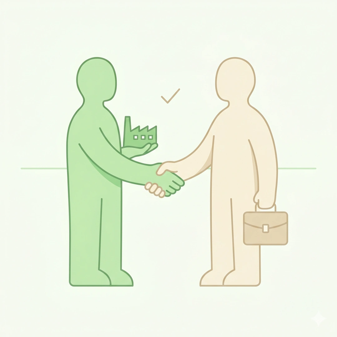 Symbolic handshake between a pharma manufacturer holding a small factory and a brand owner holding a briefcase