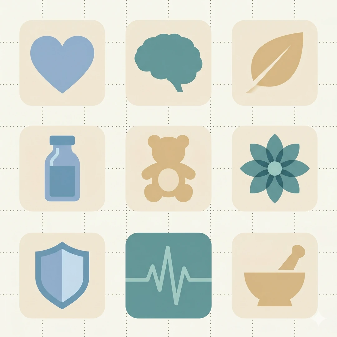 Grid of icons for pharma therapy segments — cardiac, neuro, derma, gynae, paediatric, general.