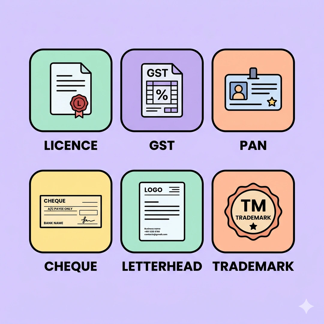 Icon grid showing the six documents required before approaching a pharma manufacturer: licence, GST, PAN, cheque, letterhead, trademark