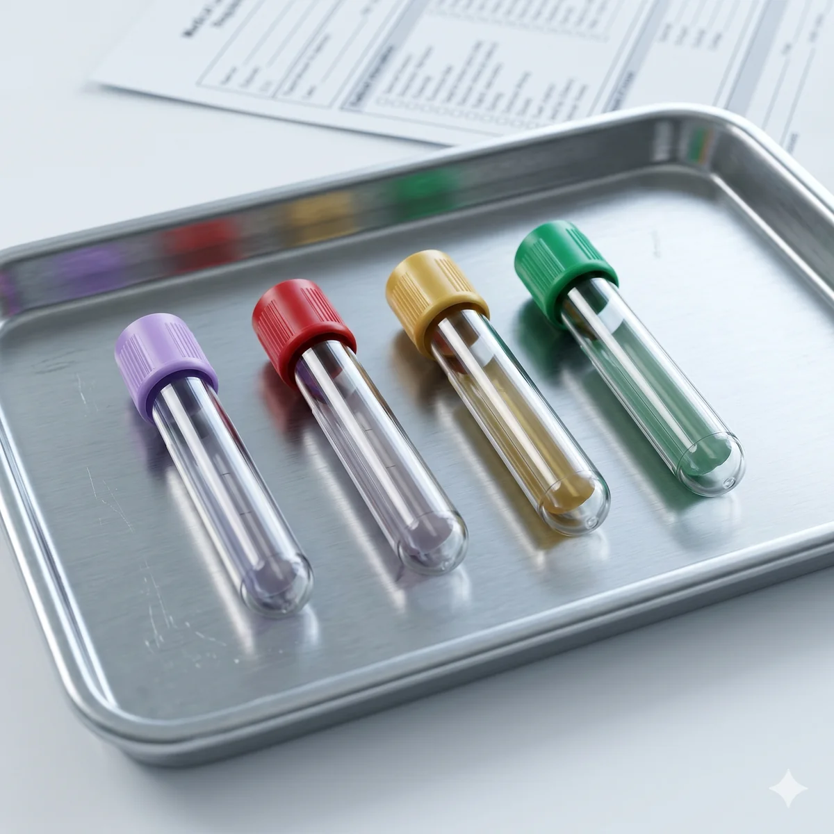 Blood test vials lined up on a steel lab tray for the recommended sleep workup