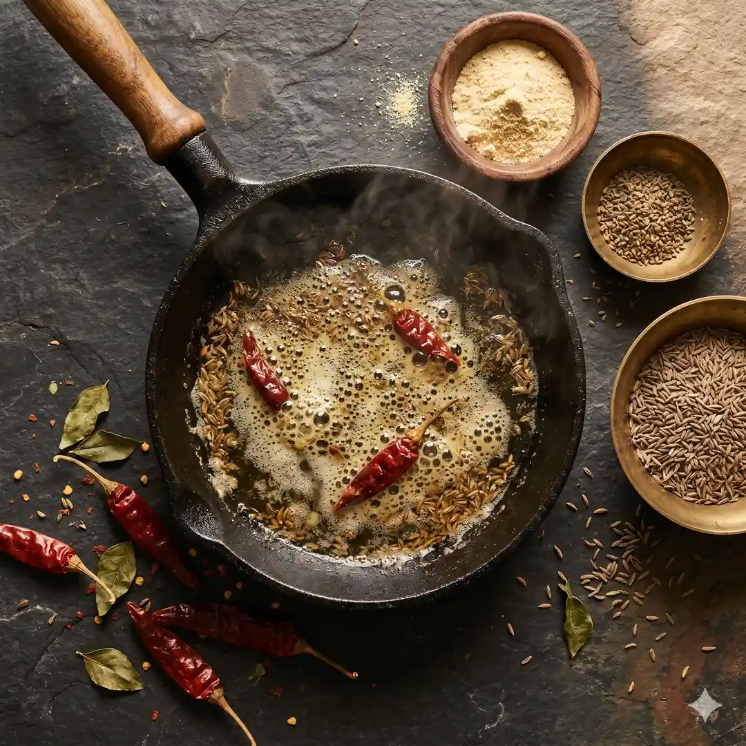 Cast iron tadka pan with sizzling ghee, cumin, dried red chillies, hing and ajwain bowls alongside