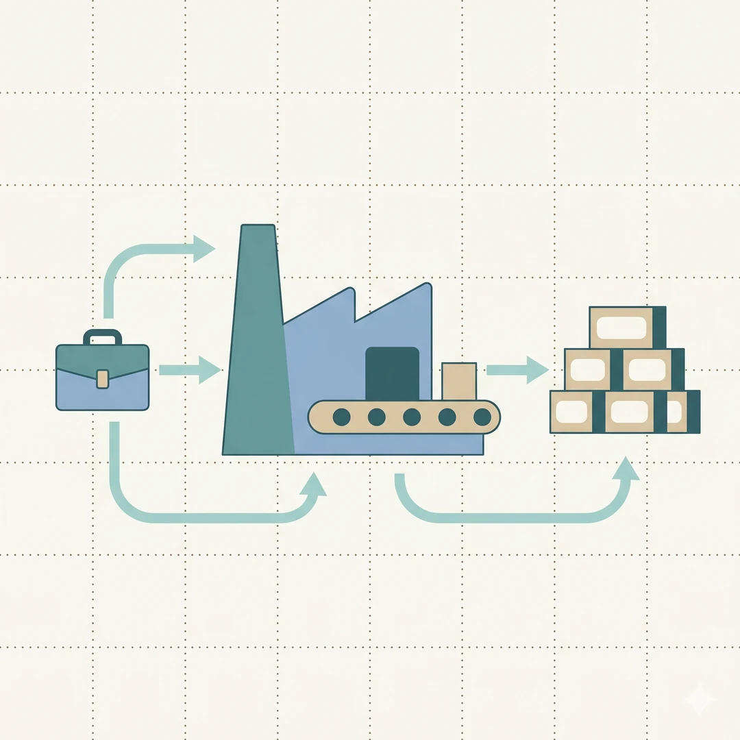 Diagram of third party pharma manufacturing flow — brand owner to factory to branded medicine boxes.