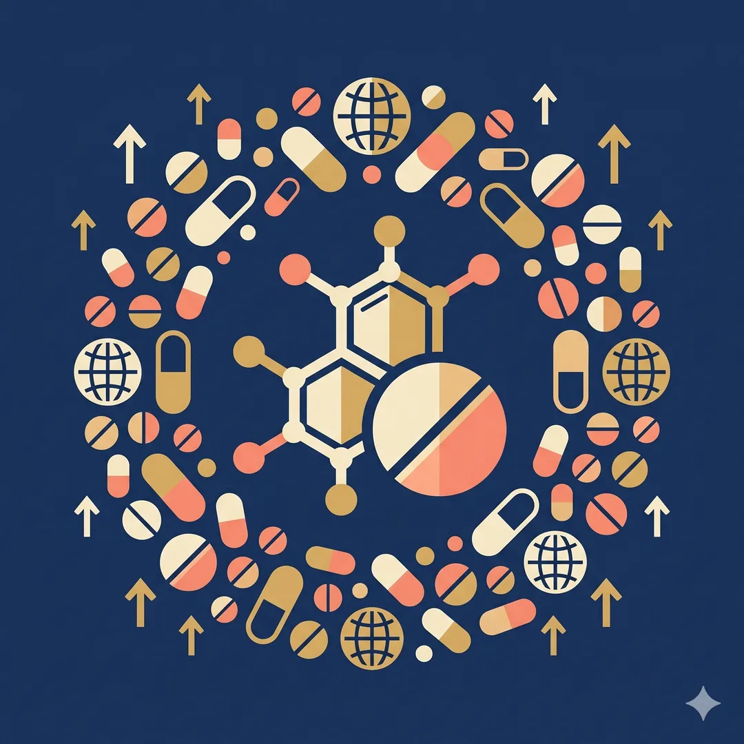 Illustration of large pharmaceutical industry scale showing molecules, pills, and global reach