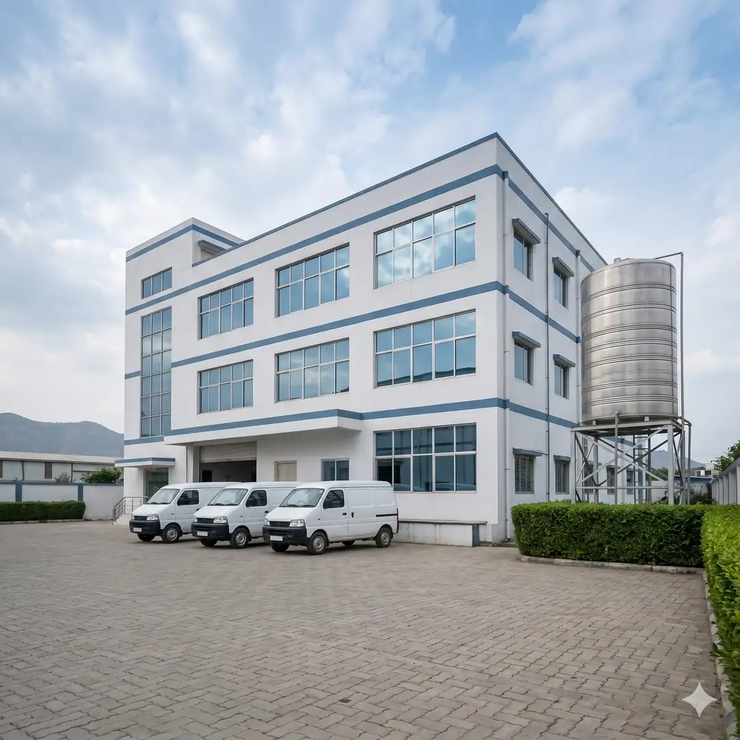 Photo of a mid-size Indian pharmaceutical manufacturing plant exterior with delivery vans