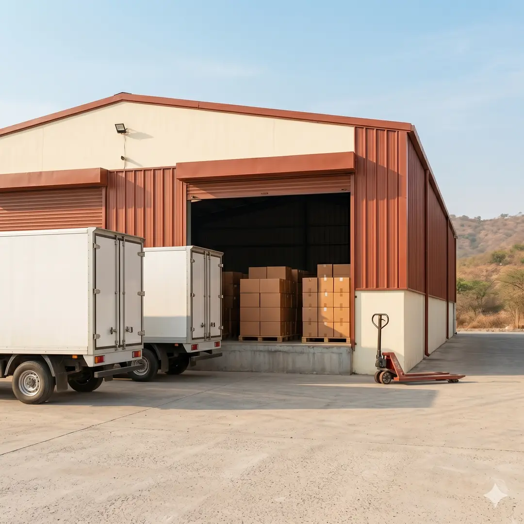 Pharmaceutical warehouse loading bay with cargo trucks and cartons on pallets in India