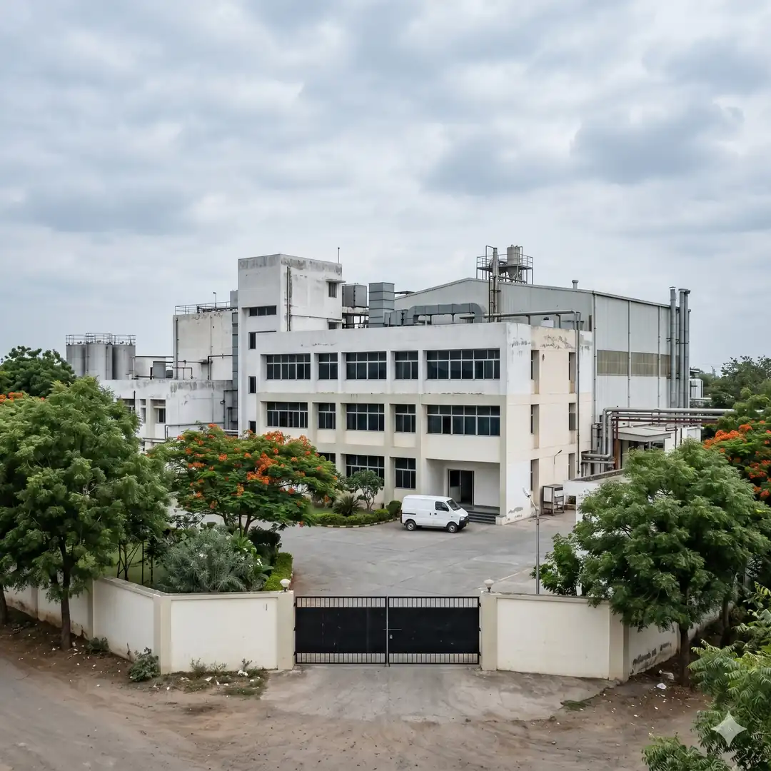Generic mid-size Indian pharmaceutical manufacturing plant in the Zirakpur area with a perimeter wall and parked delivery van
