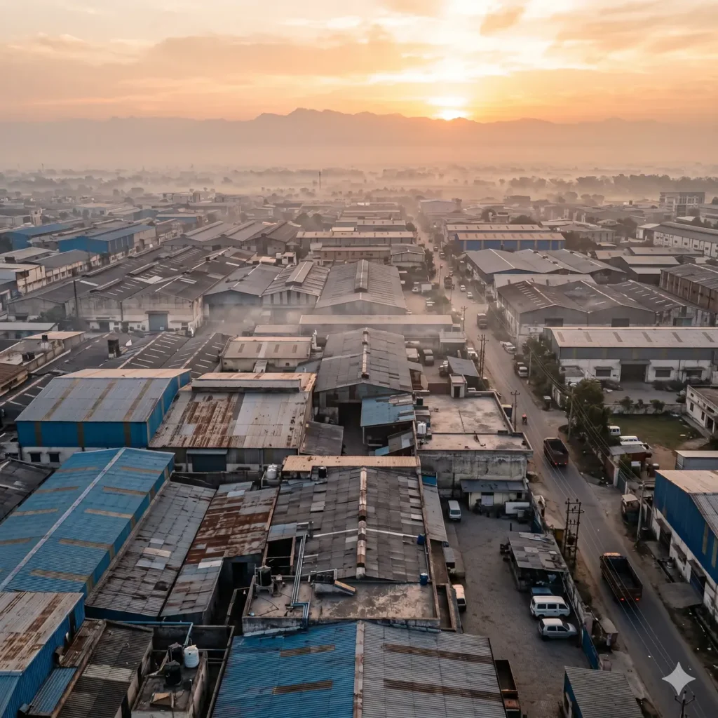 Aerial view of a Zirakpur pharmaceutical industrial belt at sunrise with factory and warehouse rooftops stretching to the Shivalik foothills