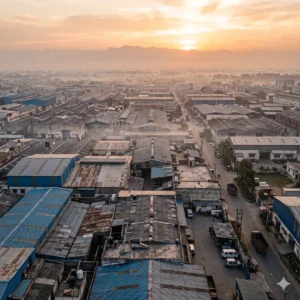 Aerial view of a Zirakpur pharmaceutical industrial belt at sunrise with factory and warehouse rooftops stretching to the Shivalik foothills