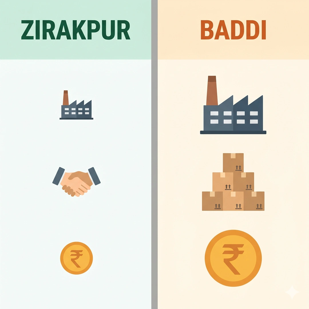 Side-by-side comparison diagram of Zirakpur and Baddi pharma manufacturing clusters with relative scale icons
