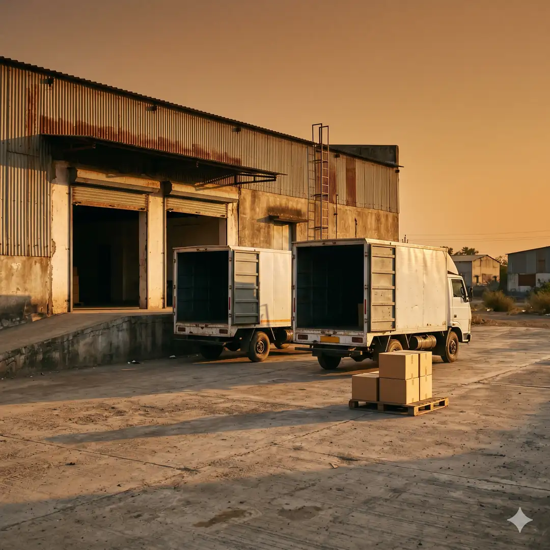 Zirakpur warehouse loading bay at golden hour with two white cargo trucks reversed up to the dock