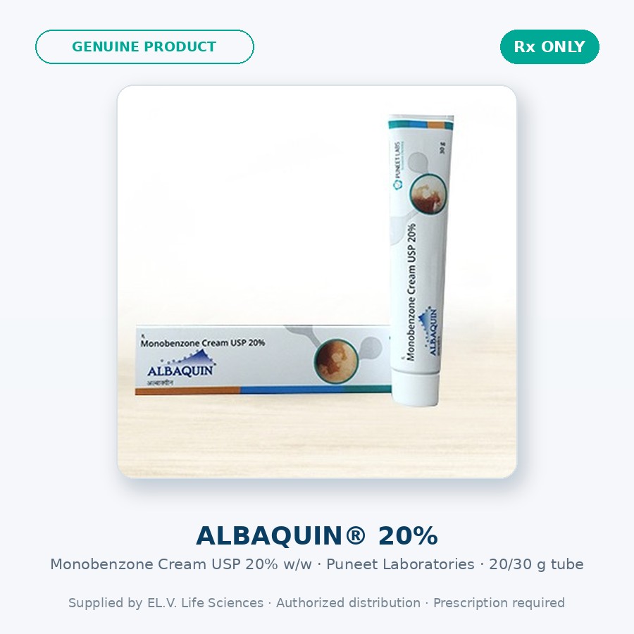 Genuine Albaquin 20% monobenzone cream USP tube and carton by Puneet Laboratories, prescription only, supplied by EL.V. Life Sciences.