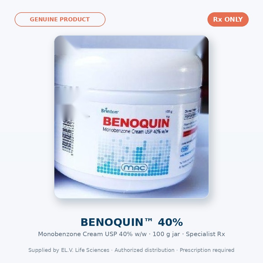 Genuine Benoquin 40% monobenzone cream USP 100 g jar, specialist prescription only, supplied by EL.V. Life Sciences.