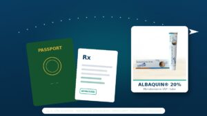 Passport, approved prescription and genuine Albaquin 20% monobenzone cream — legal personal import into GCC countries.