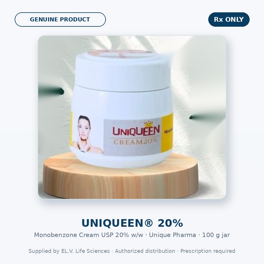 Genuine Uniqueen 20% monobenzone cream 100 g jar by Unique Pharma, prescription only, supplied by EL.V. Life Sciences.