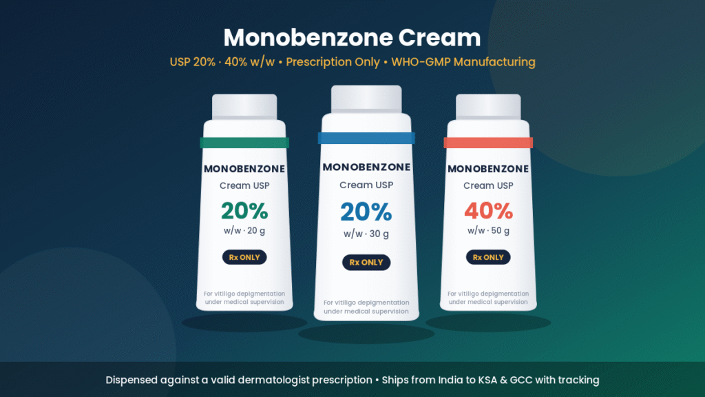 كريم مونوبنزون بدون علامة تجارية - تركيز ٢٠٪ و٤٠٪ بوصفة طبية | Generic monobenzone cream 20% 40% Rx only